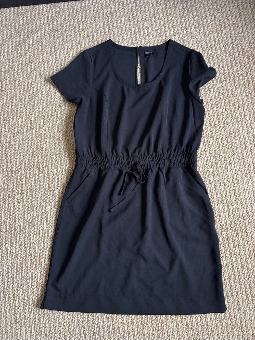Women's Black Drawstring Waist Short Sleeve Mini Dress
